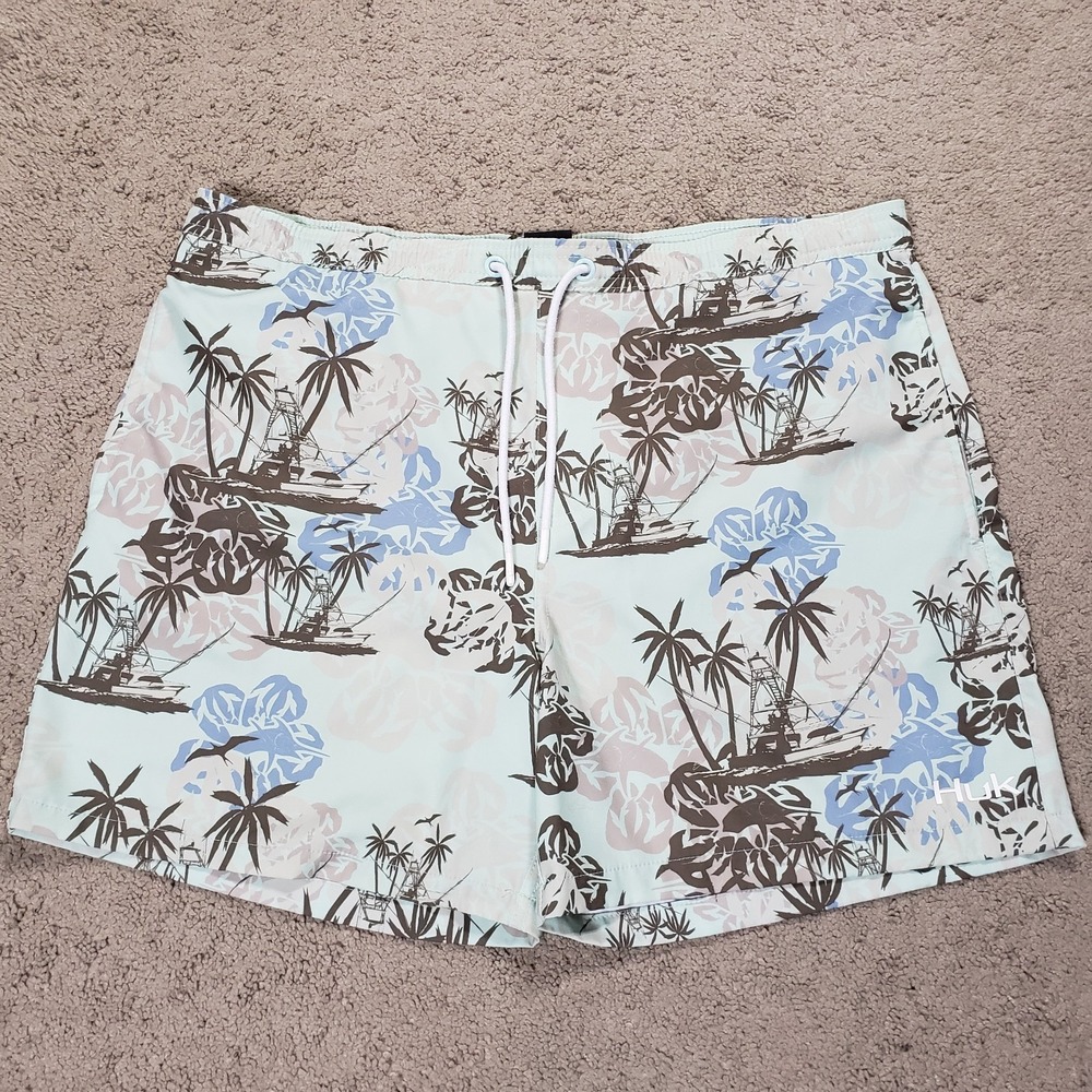 Huk Shorts Mens Large Fishing Boat Palm Tropical Hybrid Lined Performance Swim